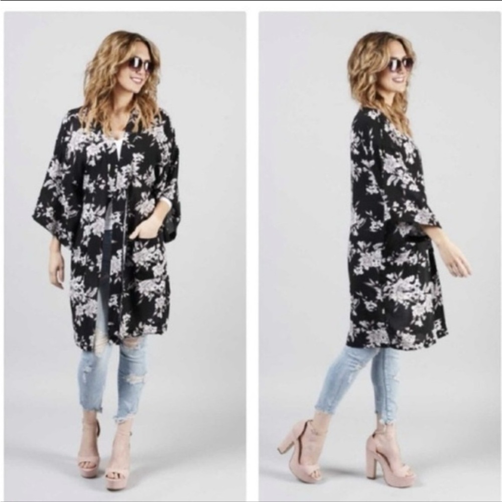 Spiritual Gangster Tie Front Kimono with Floral Pattern One Size Fits Most